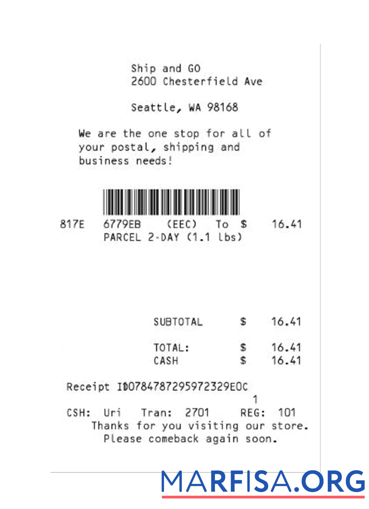 Blank SHIP AND GO receipt template